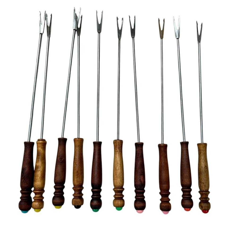 Set of 10 Fondue Forks with Wooden Handles color coded